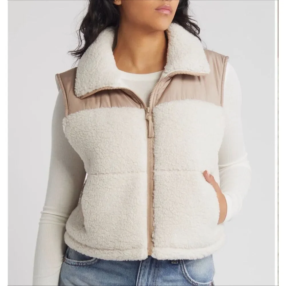 Thread & Supply Fleece Lined Puffer Vest - Cream Brown Combo size XL